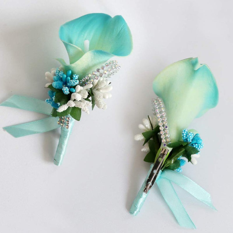 ChezMax Calla Lily Blue Boutonniere Handmade Silk Flower with Ribbon Corsage for Bride Groom Wedding Party 6 Packs - Image 3